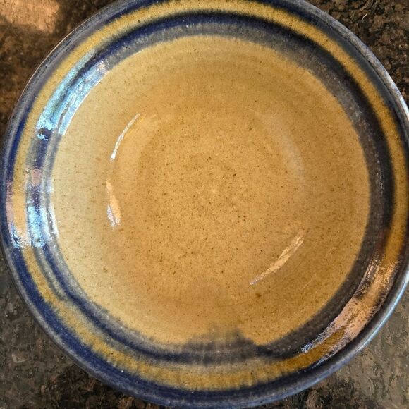 Handcrafted Ceramic Bowl with Blue and Tan Stripes - Picture 2 of 8